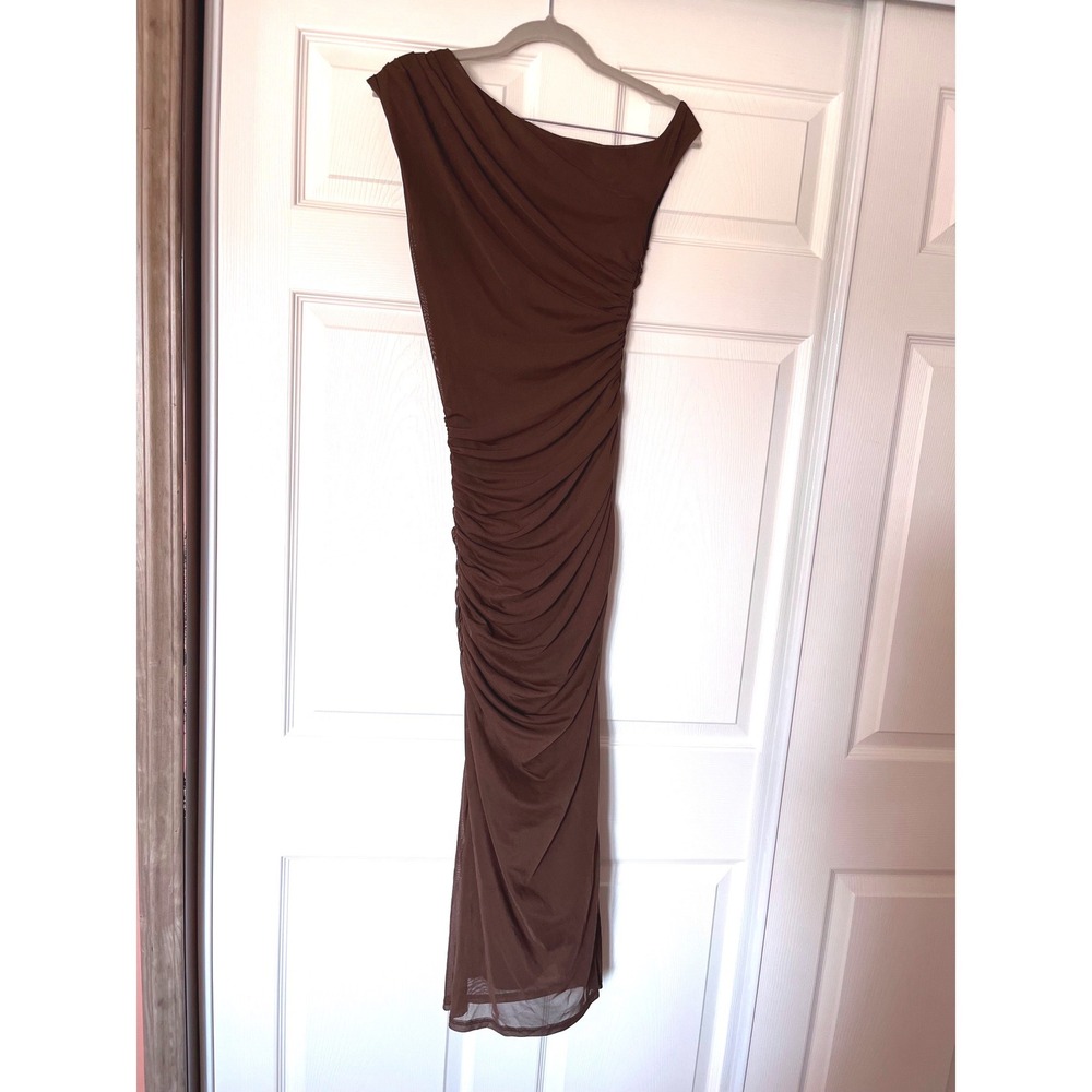 Windsor Womens Brown Ruched Mesh One Shoulder Maxi Dress Small Formal Evening